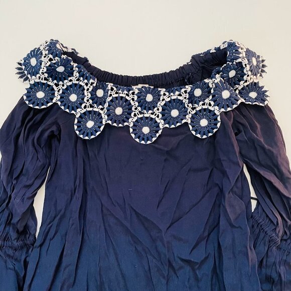 NWT Ann Taylor LOFT Dress Off the Shoulder Crochet Lace Floral Navy BLue White - Picture 4 of 11
